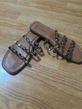 Pierre Dumas Tan Sandals with Tortoiseshell-Strap Accents
